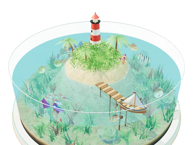 ちいさな島の ジオラマ。ガラスの中に、灯台と砂浜と魚が見える